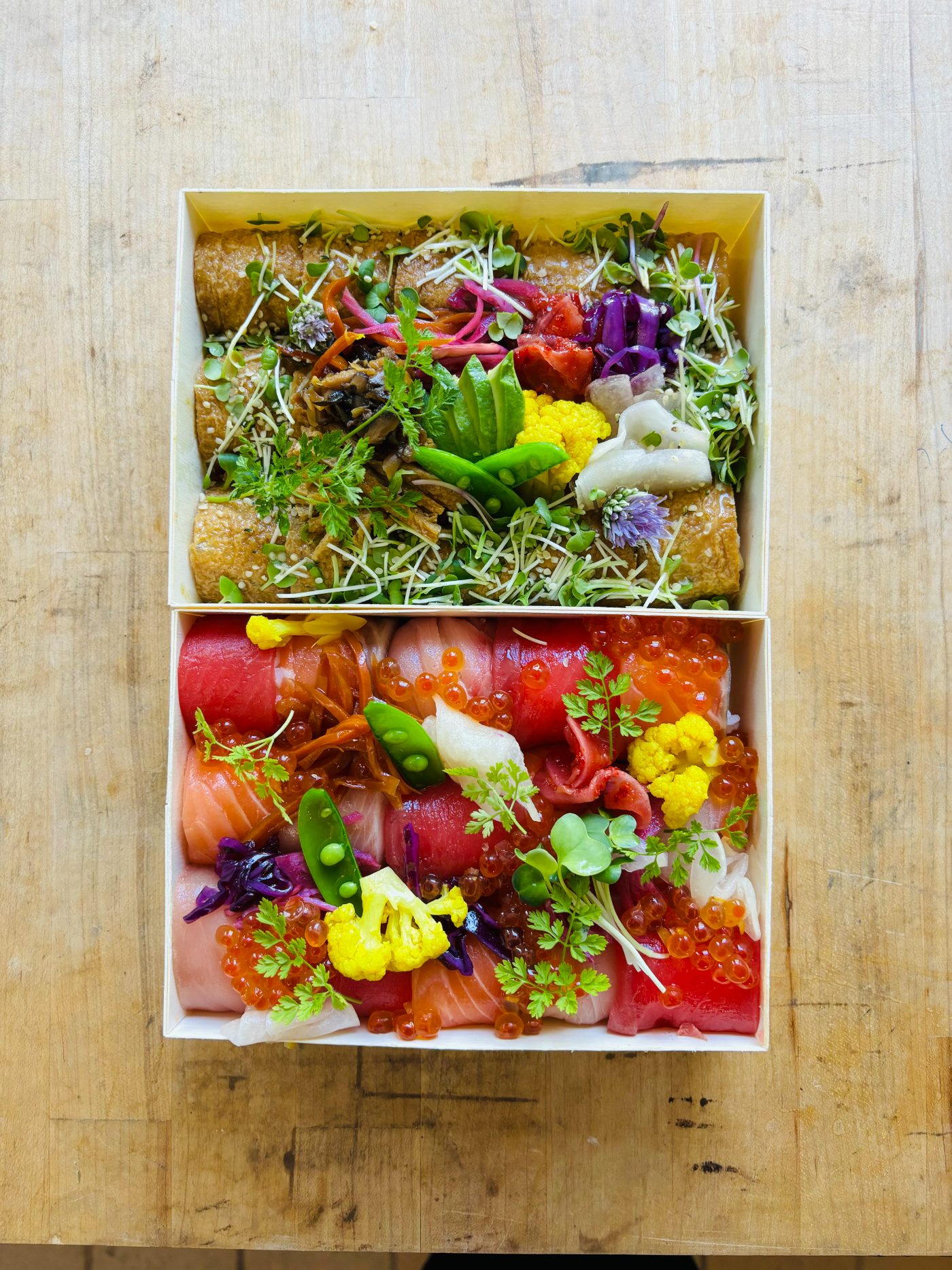 Chirashi bento with seasonal sashimi and micro-greens